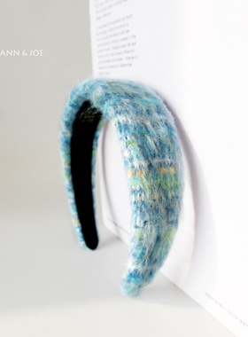 蓝绿色复古羊毛呢宽边发箍 秋冬氛围感女高颅顶时尚头箍手工发饰
