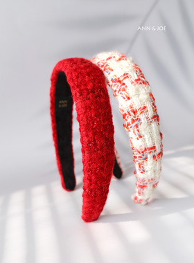 高颅顶氛围感系列大红色发箍秋冬羊毛手工头箍小香风原创发饰