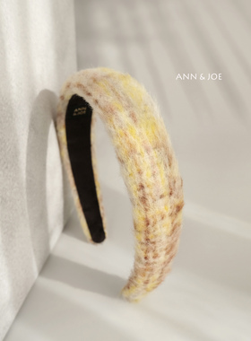 原创设计黄色格纹毛呢发箍女复古风气质高颅顶宽边氛围感手工发饰