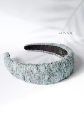 艺术水波纹羊毛发箍 蓝色长毛加宽高颅顶手工压发英伦风冬季头饰