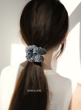 湖蓝色手工格纹羊毛发圈女百搭大肠圈高级感中长发秋冬季温暖头饰