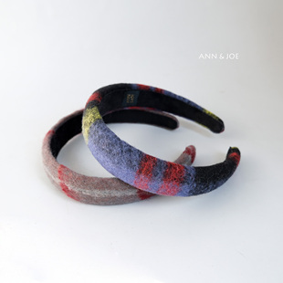 树莓慕斯独特渐变色羊毛发箍 英伦格纹海绵头箍进口小众增高头饰