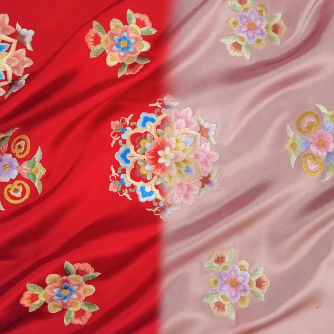真鱼古风宝相花醋酸缎刺绣面料旗袍套装中式马夹裙装时装手工布料