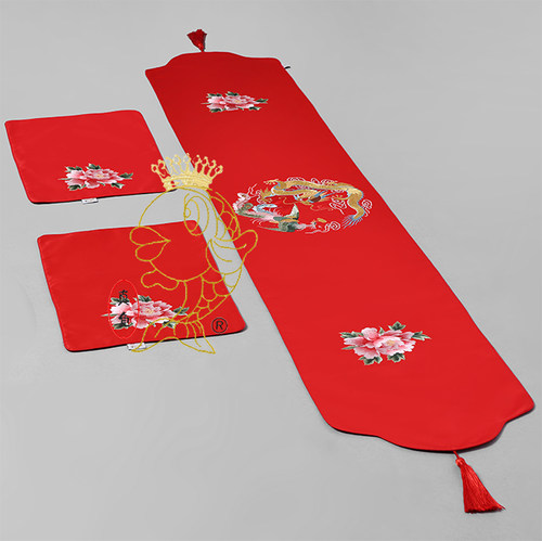 龙凤呈祥桌旗真鱼牡丹大红色包邮