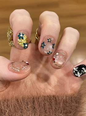 NZ手工定制甲片可拆卸穿戴假指甲光疗贴显白初秋高级复古花花美甲