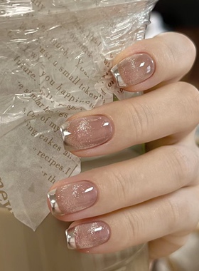 NZ手工定制甲片拆卸穿戴假指甲光疗贴短款渐变猫眼银色魔镜边美甲