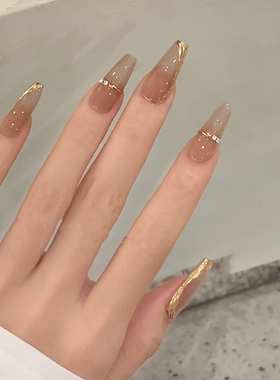 NZ手工定制甲片拆卸穿戴假指甲光疗温柔显白透茶棕色魔镜边美甲贴