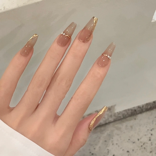 NZ手工定制甲片拆卸穿戴假指甲光疗温柔显白透茶棕色魔镜边美甲贴