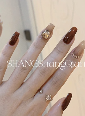 NZ手工定制甲片可拆卸穿戴假指甲光疗贴秋冬棕红透茶色香槟钻美甲