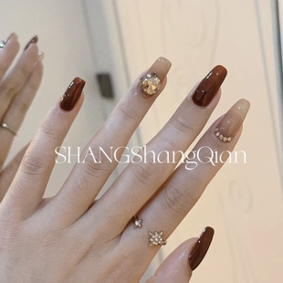 NZ手工定制甲片可拆卸穿戴假指甲光疗贴秋冬棕红透茶色香槟钻美甲
