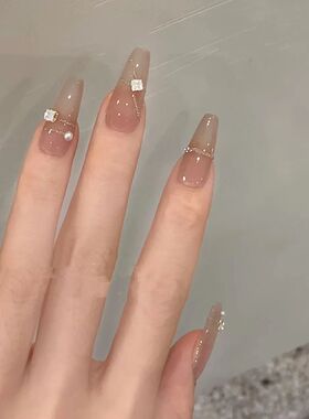 NZ手工定制甲片拆卸穿戴假指甲光疗贴显白灰茶色碎钻线条镶钻美甲