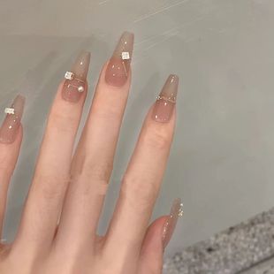 NZ手工定制甲片拆卸穿戴假指甲光疗贴显白灰茶色碎钻线条镶钻美甲