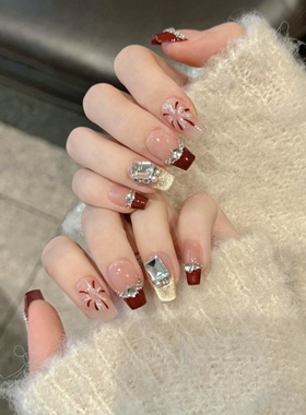 NZ手工定制甲片可拆卸穿戴假指甲光疗贴新年红色烟花爆闪猫眼美甲