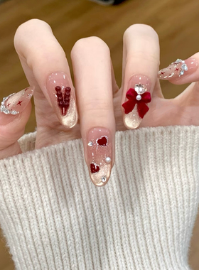 NZ手工定制甲片可拆卸穿戴假指甲心动丝绒结红色系糖葫芦新年美甲