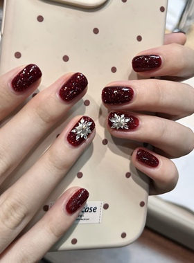 NZ手工定制甲片拆卸穿戴假指甲光疗贴闪闪新年红碎钻雪花拼钻美甲