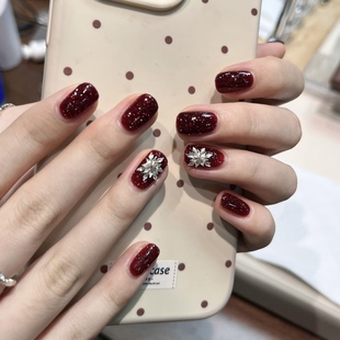 NZ手工定制甲片拆卸穿戴假指甲光疗贴闪闪新年红碎钻雪花拼钻美甲