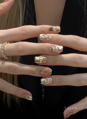 NZ手工定制甲片拆卸穿戴假指甲秋日金灿灿高级亮片猫眼波点美甲贴