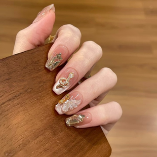 NZ手工定制甲片拆卸穿戴假指甲光疗贴通体全钻小金蛇福蝶招财美甲