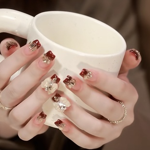 NZ手工定制甲片拆卸穿戴假指甲优雅在逃公主法式香槟钻蝴蝶结美甲