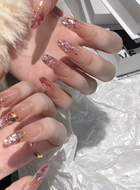 NZ手工定制甲片可拆卸穿戴假指甲光疗贴耀眼缤纷红闪渐变亮片美甲