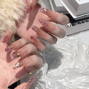 NZ手工定制甲片可拆卸穿戴假指甲光疗贴耀眼缤纷红闪渐变亮片美甲