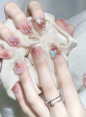 NZ手工定制甲片拆卸穿戴假指甲光疗贴腮红立体爆闪蝴蝶山茶花美甲