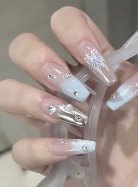 NZ手工定制甲片拆卸穿戴假指甲光疗贴夏日baby蓝渐变闪闪蝴蝶美甲