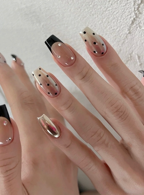 NZ手工定制甲片可拆卸穿戴假指甲光疗贴黑色法式波点金属魔镜美甲