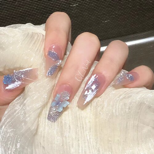 蓝闪碎钻光变山茶花蝴蝶美甲贴
