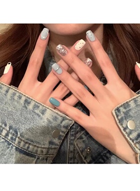 NZ手工定制甲片可拆卸穿戴假指甲光疗贴夏日韩系清凉感蓝色系美甲