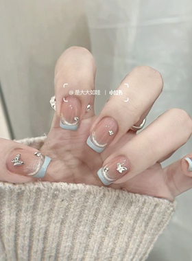 NZ手工定制甲片拆卸穿戴假指甲纯欲水光猫眼蓝色渐变法式蝴蝶美甲