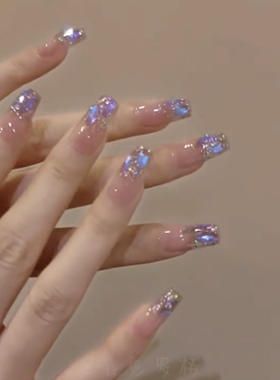 NZ手工定制甲片拆卸穿戴假指甲光疗贴温精灵同款闪渐变极光钻美甲