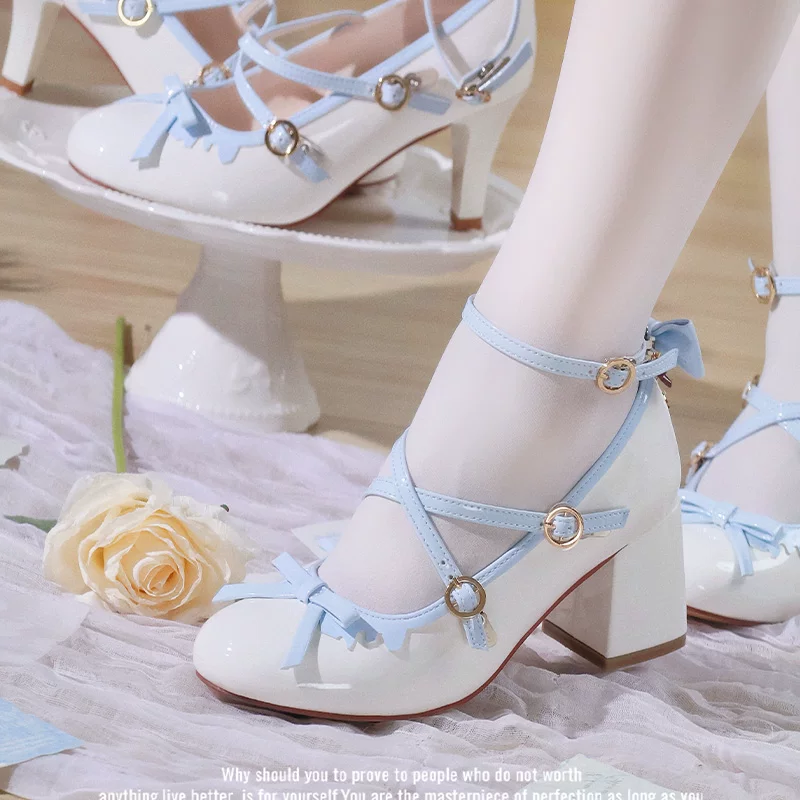 Грейпфрут {Girls Tea Party} оригинальные лоли-та обувь толстые и тонкие высокие каблуки элегантные, сверх большой размер 45 белый и синий двухцветные лоу-ле обувь