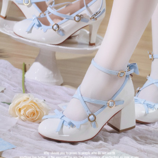 45白蓝双色lo鞋 西柚｛少女茶会｝原创lolita鞋 粗细高跟优雅特大码
