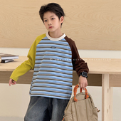男童长袖 儿童上衣 洋气中大童条纹体恤拼色插肩袖 T恤2025秋季 新款
