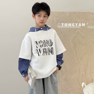 自制中大童假两件上衣韩版 新款 男童卫衣2025春装 儿童外套 黑标