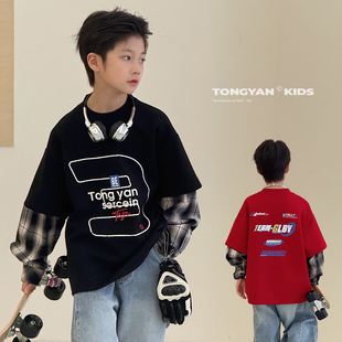 男童卫衣2026春装新款中大童韩版上衣假两件宝宝套头衫儿童外套潮