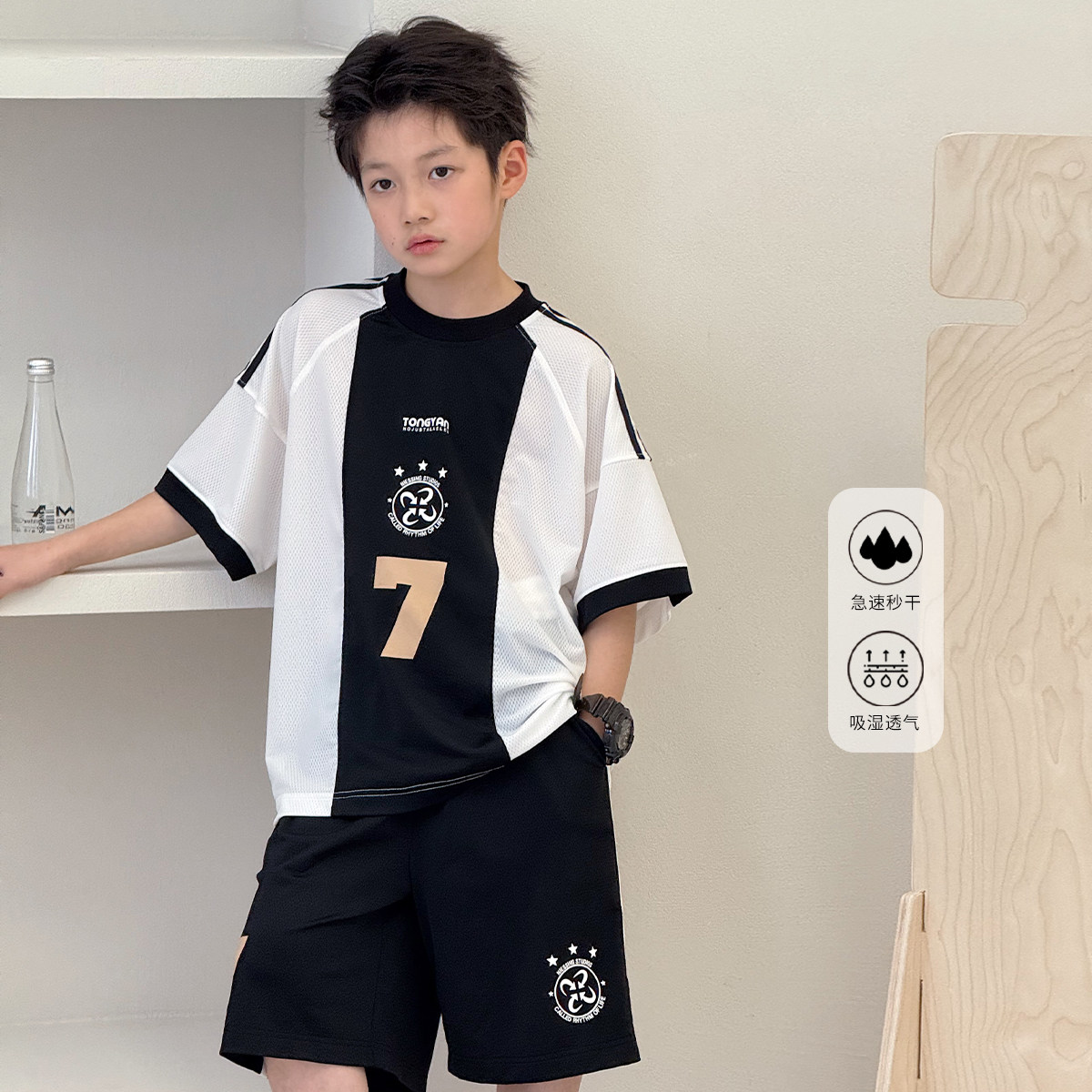 男童夏装套装2025自制中大童短袖t恤速干五分裤儿童运动两件套薄