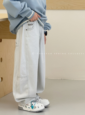 男童裤子2026春装新款洋气中大童老爹裤宽松长裤白色儿童牛仔裤潮