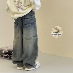 棉裤 男童加绒裤 厚潮酷男孩帅气中大童工装 儿童牛仔裤 子2025冬新款