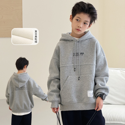 男童加绒卫衣一体绒外套套头上衣