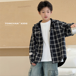 男孩格子儿童夹克衫 自制中大童连帽上衣韩版 新款 男童外套2025秋装