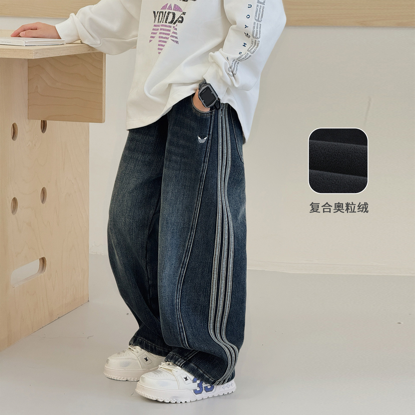 男童加绒裤子2025冬装新款儿童厚牛仔裤港风棉裤一体绒中大童长裤