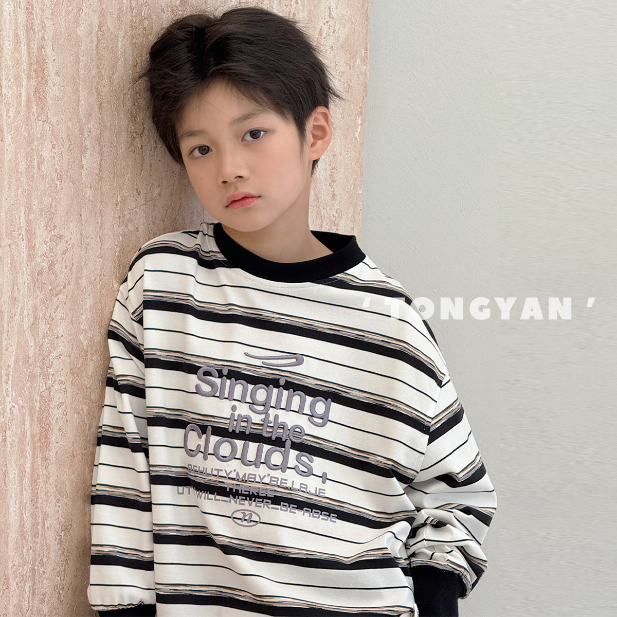 男童长袖T恤2025春装新款自制条纹儿童体恤纯棉上衣中大童打底衫