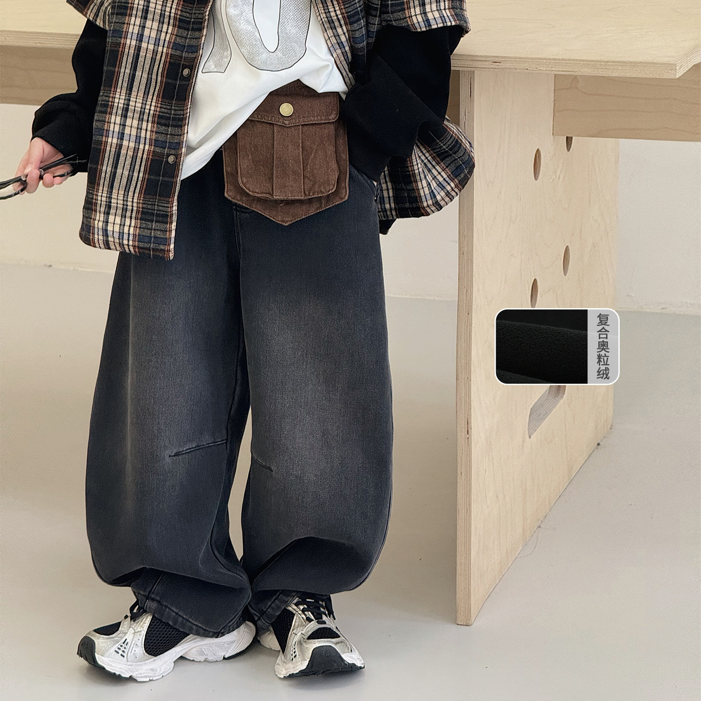 儿童加绒裤子复古牛仔裤老爹裤潮