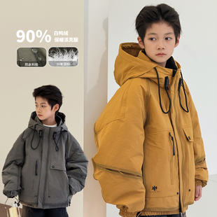 白鸭绒工装 2025冬装 儿童羽绒服男童中长款 派克服大童外套 黑标