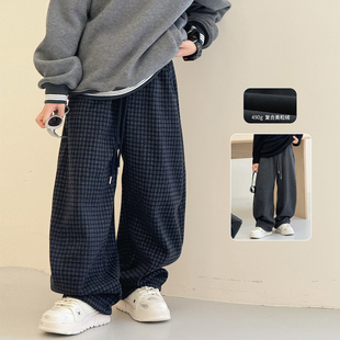 子2025冬装 宝宝运动裤 新款 韩版 暖 自制加厚中大童格子裤 男童加绒裤