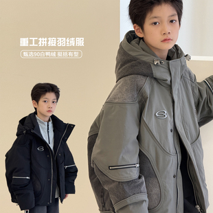 加厚派克服工装 2025冬装 儿童羽绒服男童中长款 冲锋衣外套 黑标