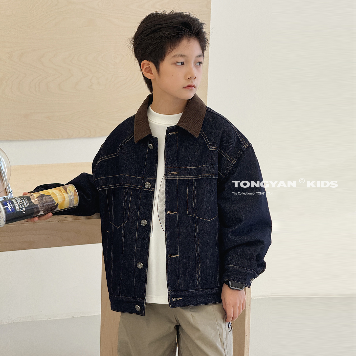 男童外套夹棉2025冬装新款复古中大童夹克衫保暖棉袄儿童牛仔外套