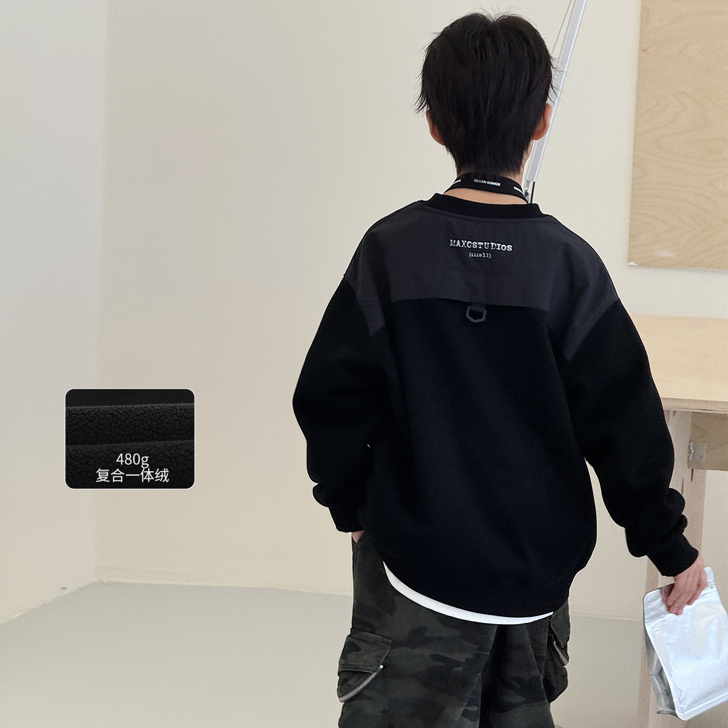 男童加绒卫衣2025冬装新款自制中大童加厚上衣圆领套头衫儿童外套